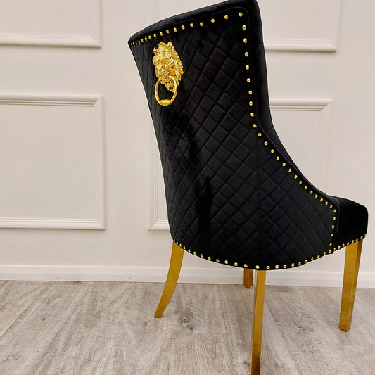 Bentley Gold Dining Chair – Gold Lion Knocker , Studded Border , Quilted Back.