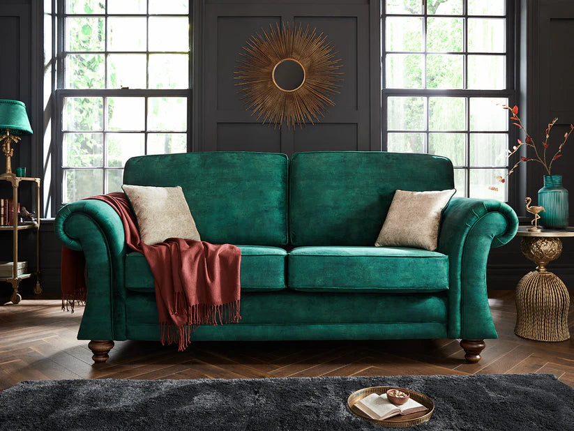 Genoa Handmade Sofas In Milano Emerald Green Fabric With Turned Wooden Legs