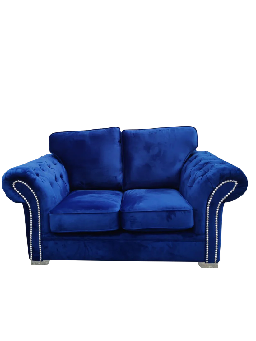 Manhattan Blue Fabric Sofas Chesterfield Style Arms With Chrome Feet
