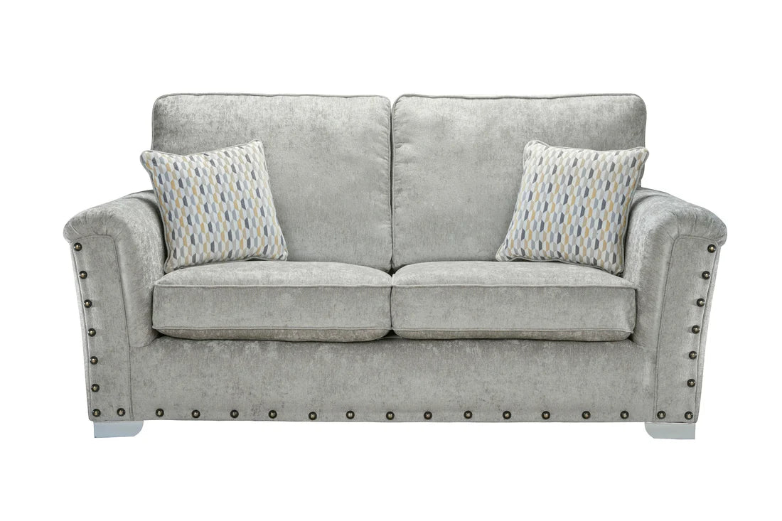 Nebraska Bespoke Grey Fabric Studded With Chrome Feet Sofa For Elderly