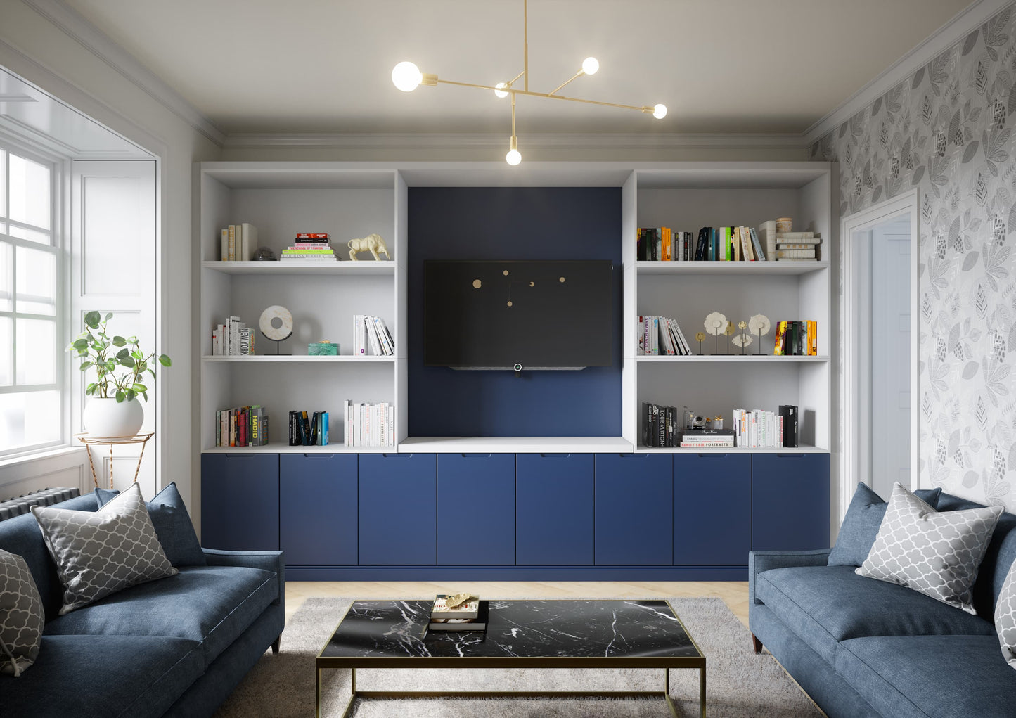 Contemporary Blue Living Room Media Wall with Open Shelving