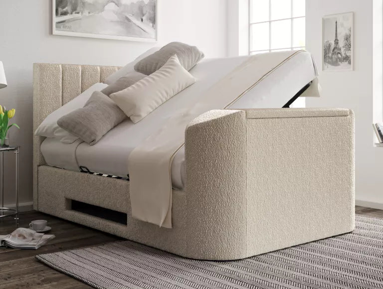 Berkley Upholstered Boucle Ivory Ottoman TV Bed - Bed Frame Only