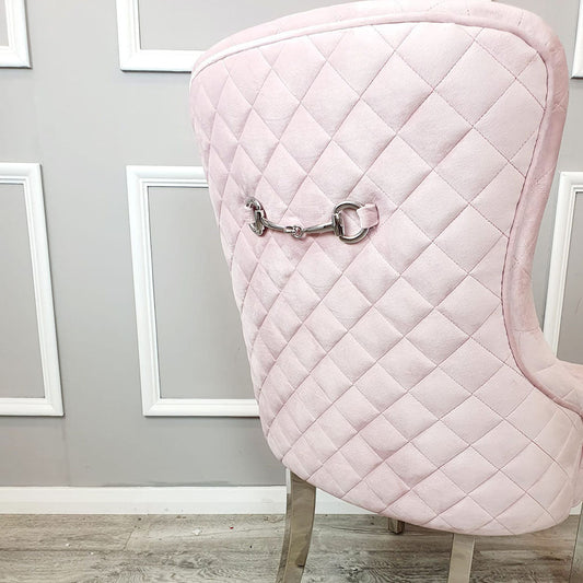 Pink Velvet Kate dining chair chrome clasp & quilted back