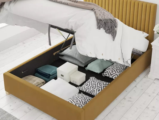 Levisham Ottoman Plush Velvet Ochre Bed Frame Only