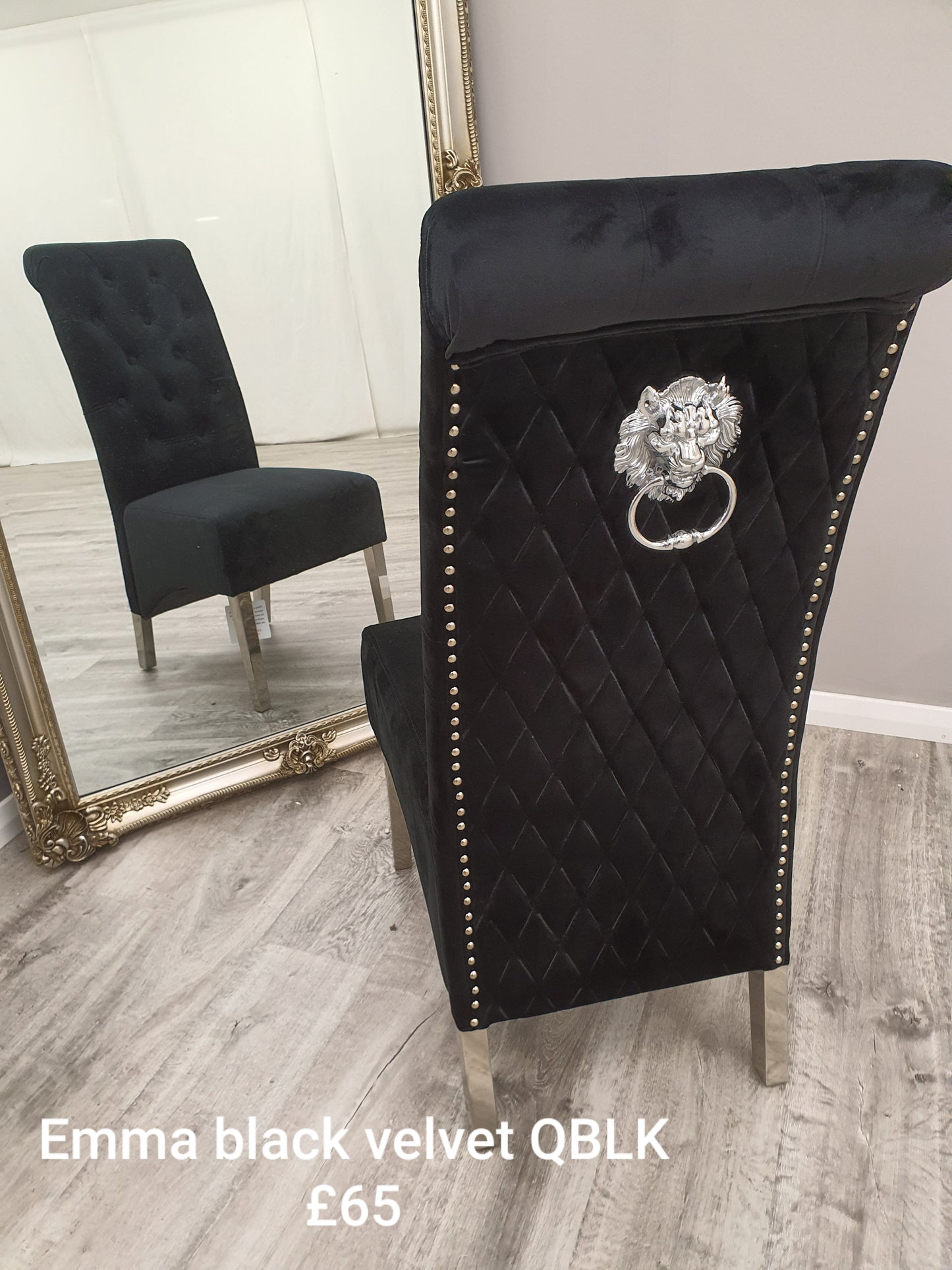 EMMA Dinning Chair – Quilted Back, Scroll Top & Chrome Lion Knocker