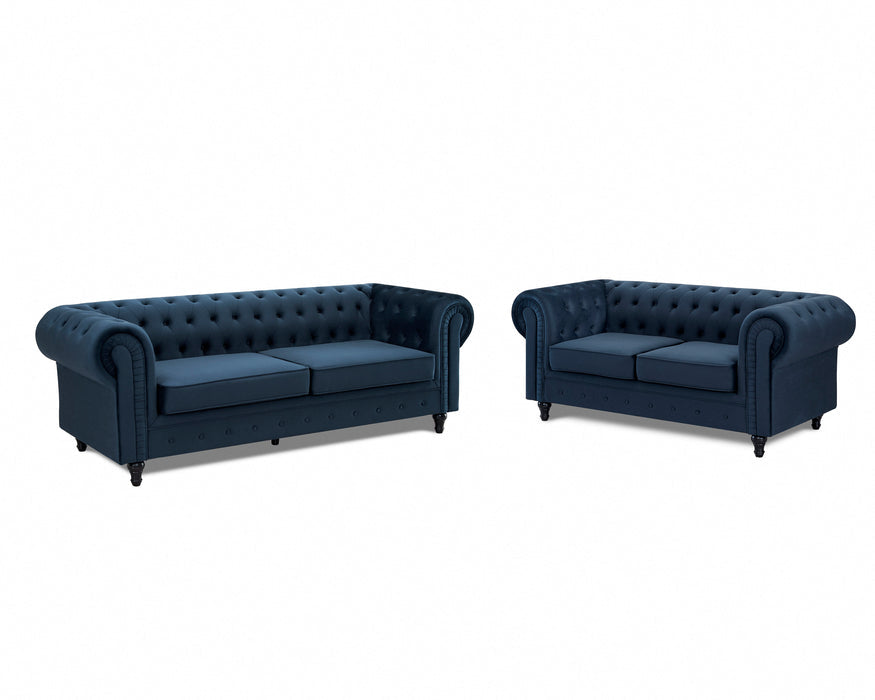 Chesterfield Pleat Velvet Fabric 2+3 Seater Sofa Set, Midnight Blue Velvet
