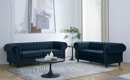 Chesterfield Pleat Velvet Fabric 2+3 Seater Sofa Set, Midnight Blue Velvet