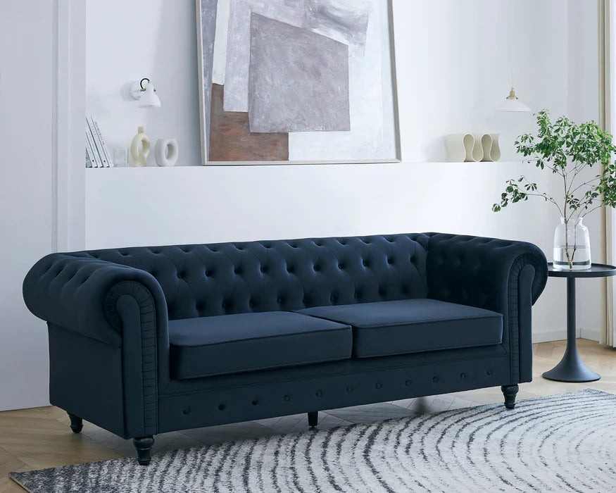 Chesterfield Pleat Velvet Fabric 2+3 Seater Sofa Set, Midnight Blue Velvet