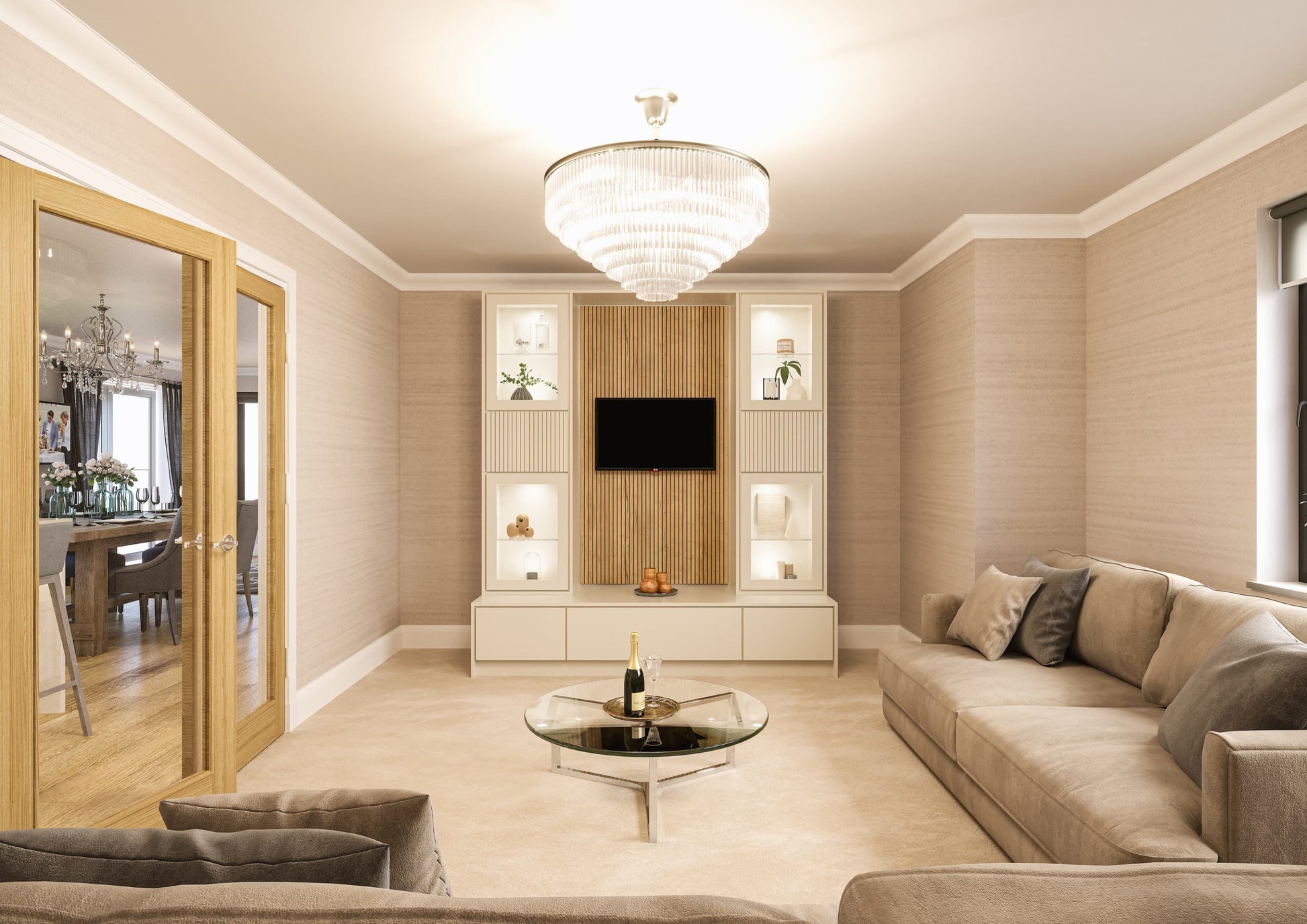 Elegant Glow: Porcelain Display Media Wall with Oak Accents and Ambient Lighting