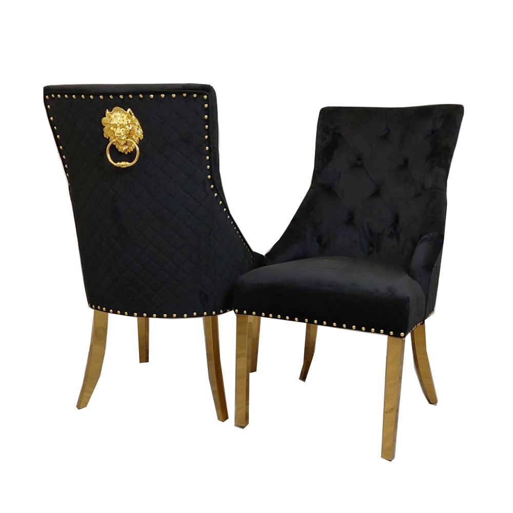 Bentley Gold Dining Chair – Gold Lion Knocker , Studded Border , Quilted Back.