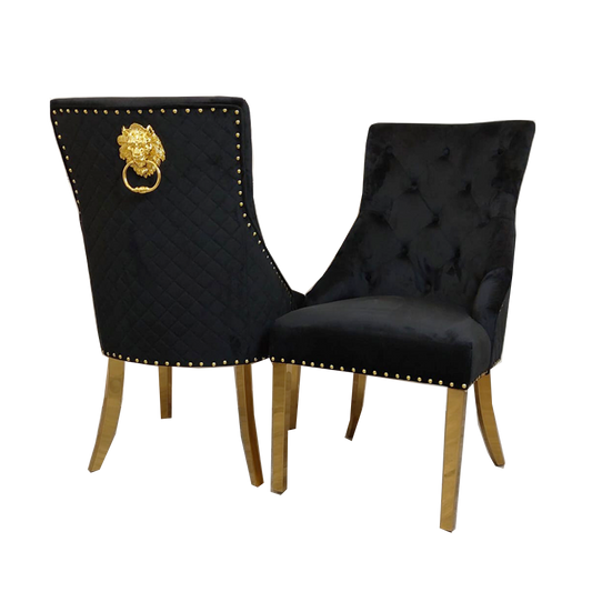 Bentley Gold Dining Chair – Gold Lion Knocker , Studded Border , Quilted Back.