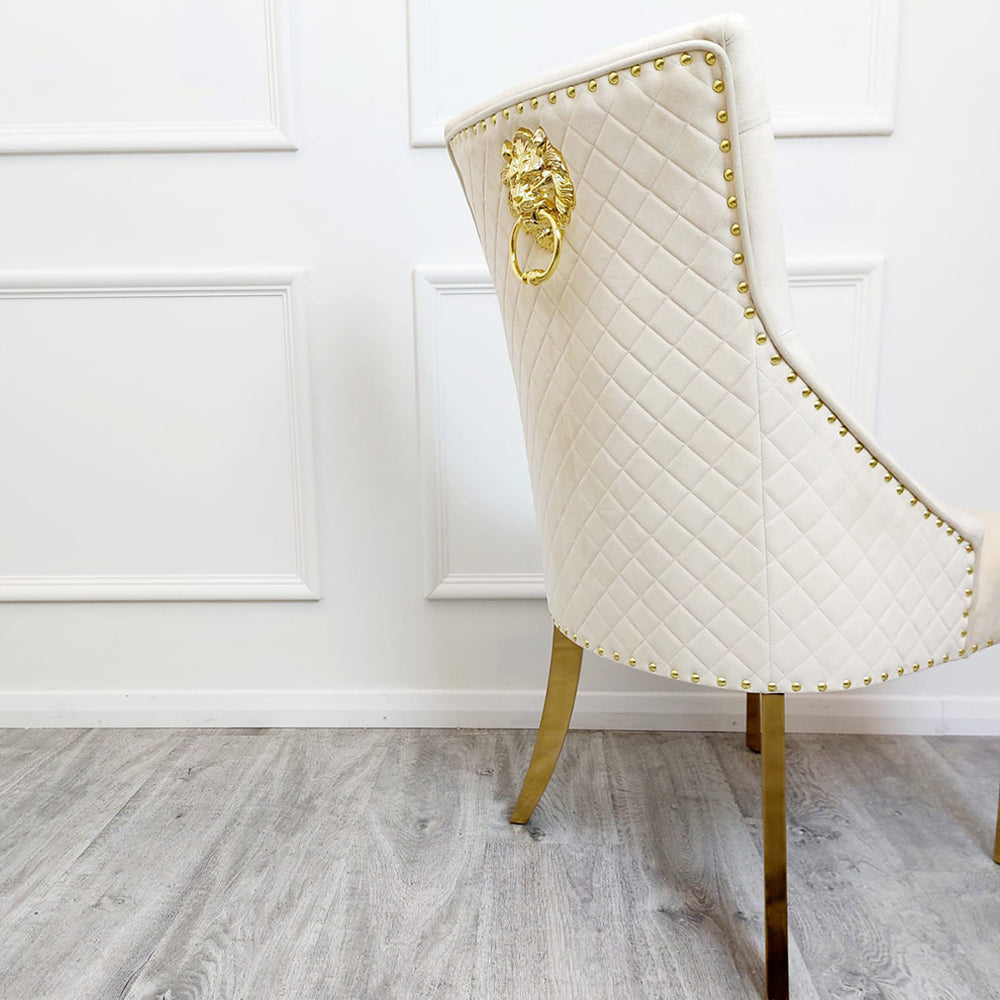 Bentley Gold Dining Chair – Gold Lion Knocker , Studded Border , Quilted Back.