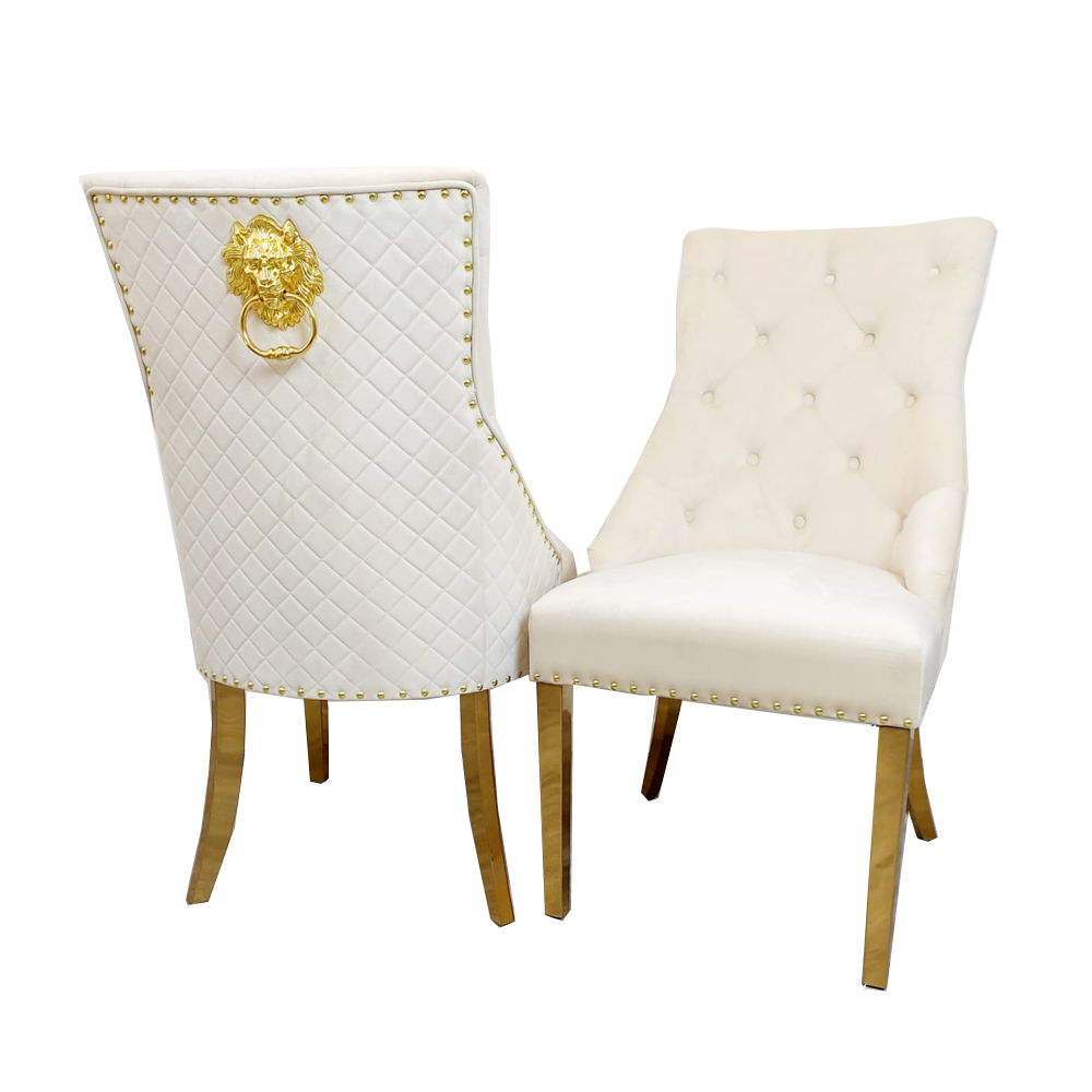 Bentley Gold Dining Chair – Gold Lion Knocker , Studded Border , Quilted Back.