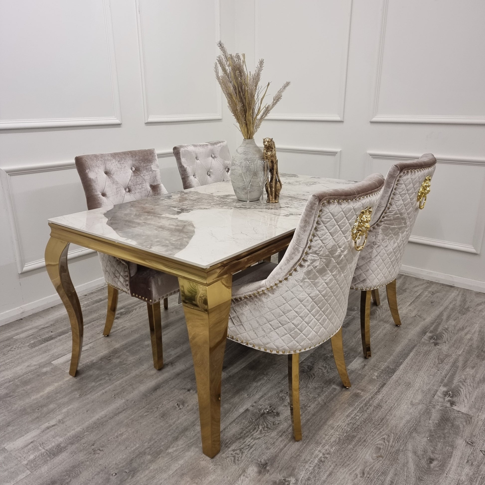 Bentley Gold Dining Chair – Gold Lion Knocker , Studded Border , Quilted Back.