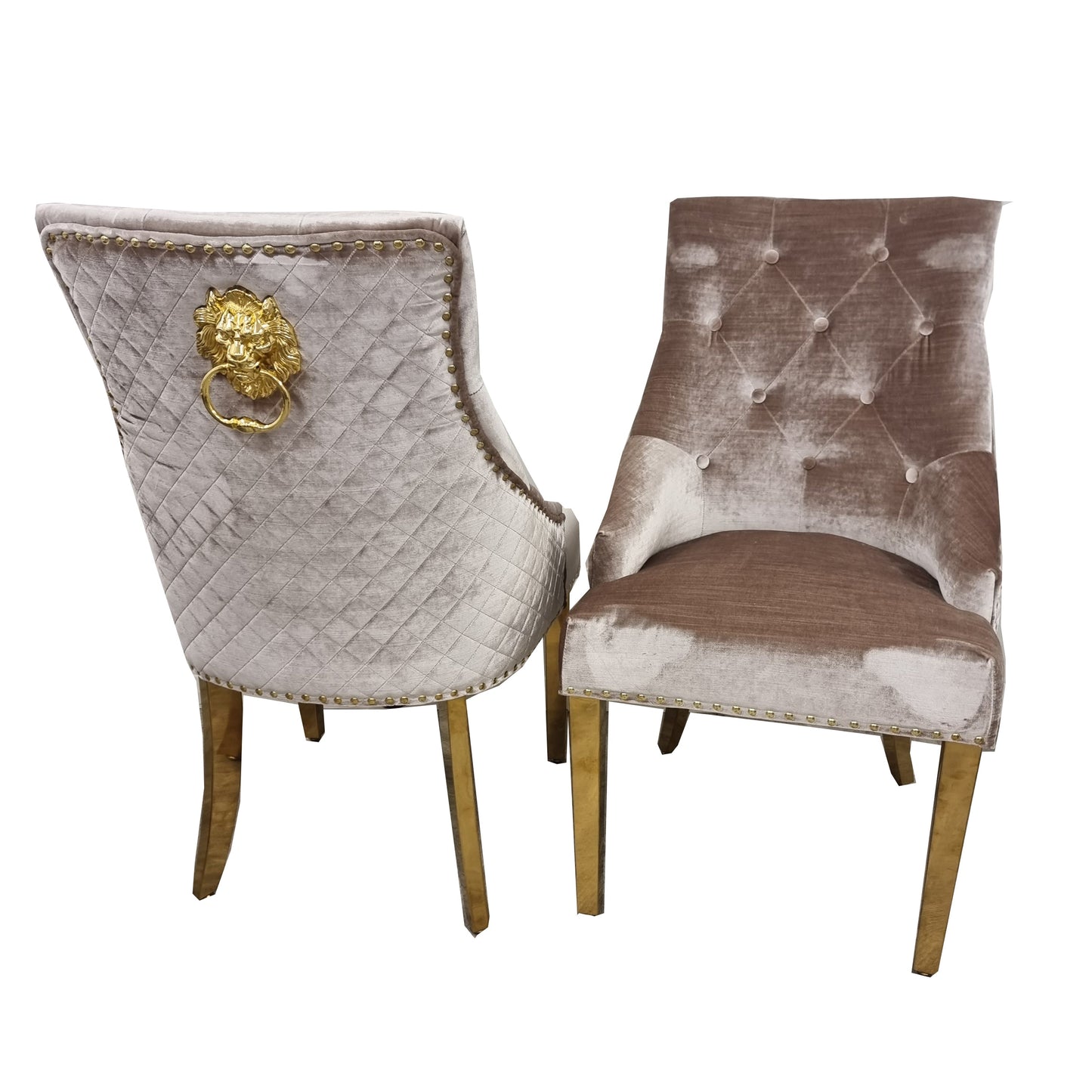 Bentley Gold Dining Chair – Gold Lion Knocker , Studded Border , Quilted Back.