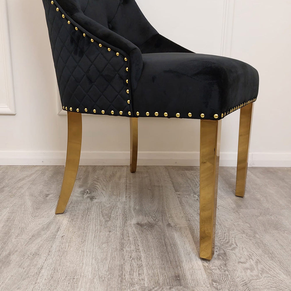 Bentley Gold Dining Chair – Gold Lion Knocker , Studded Border , Quilted Back.