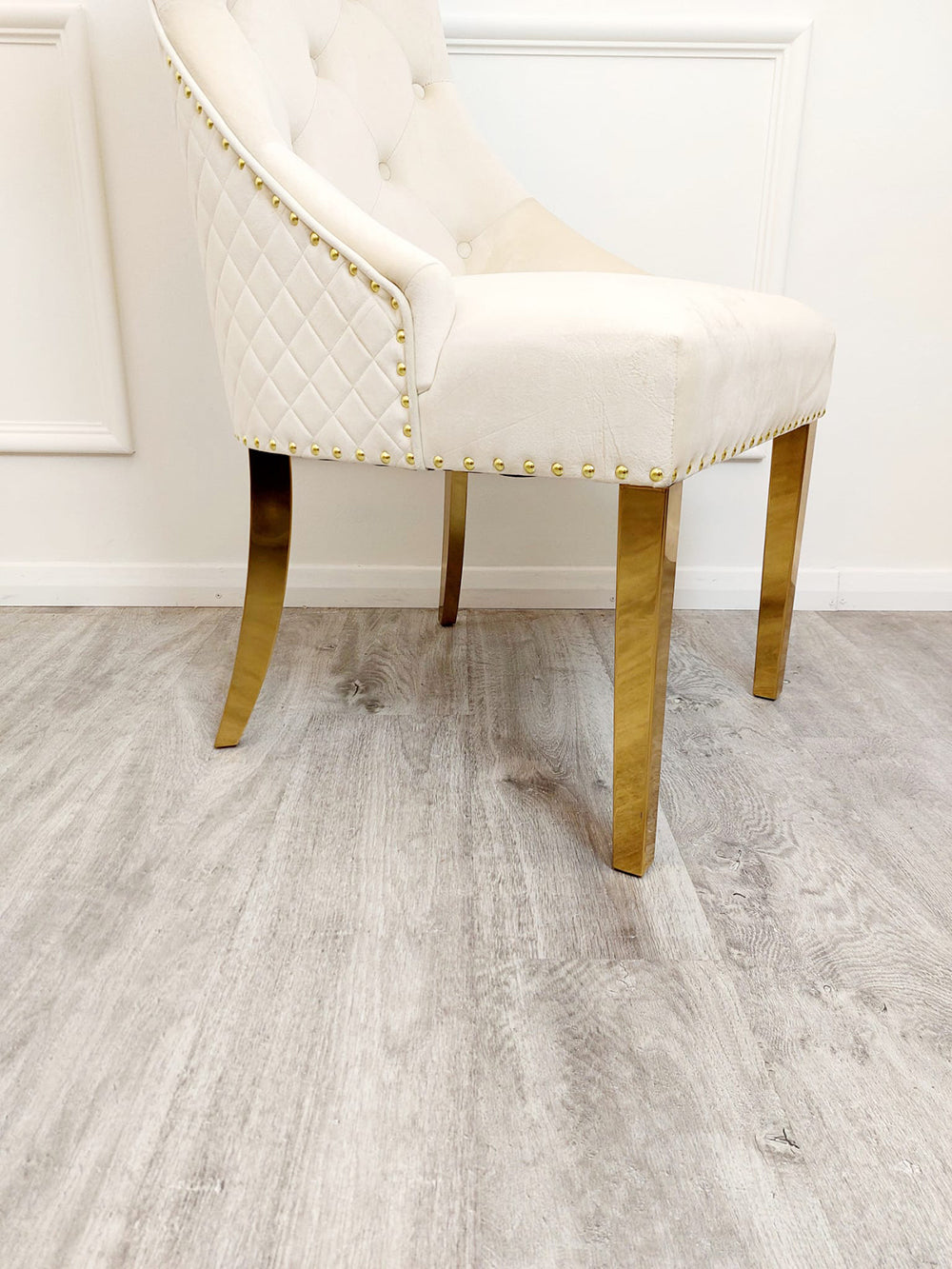 Bentley Gold Dining Chair – Gold Lion Knocker , Studded Border , Quilted Back.