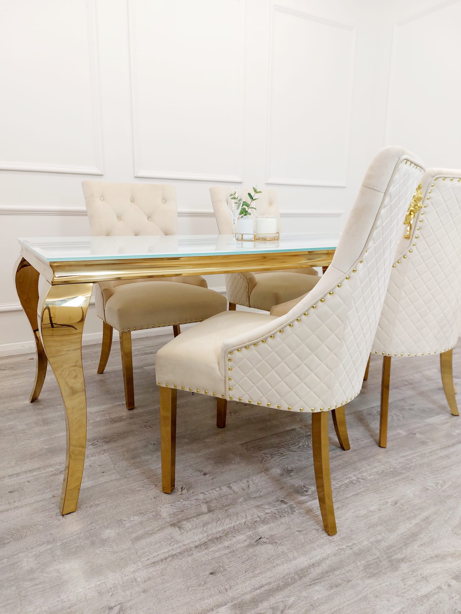 Bentley Gold Dining Chair – Gold Lion Knocker , Studded Border , Quilted Back.