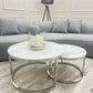 Cato Nest of 2 Short Round Coffee Silver Tables with Polar White Sintered Stone Tops