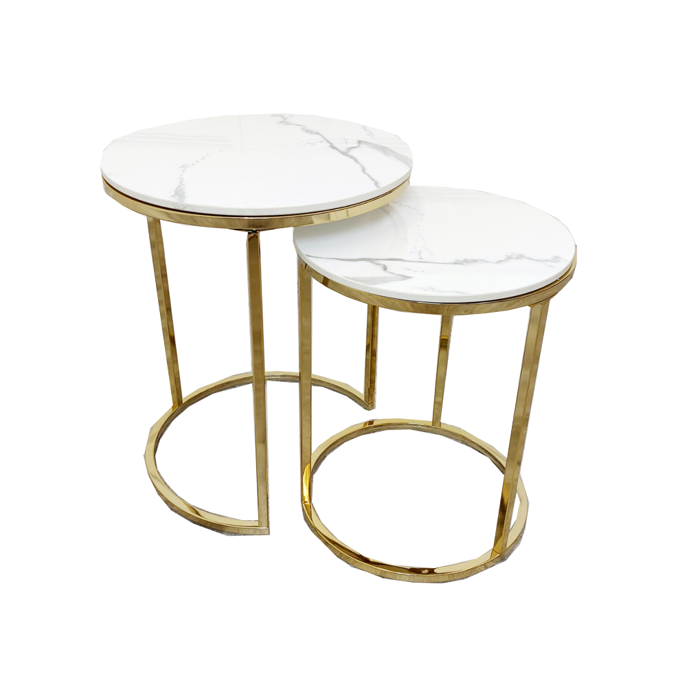 Cato SHORT Nest of 2 short Gold Tables - white