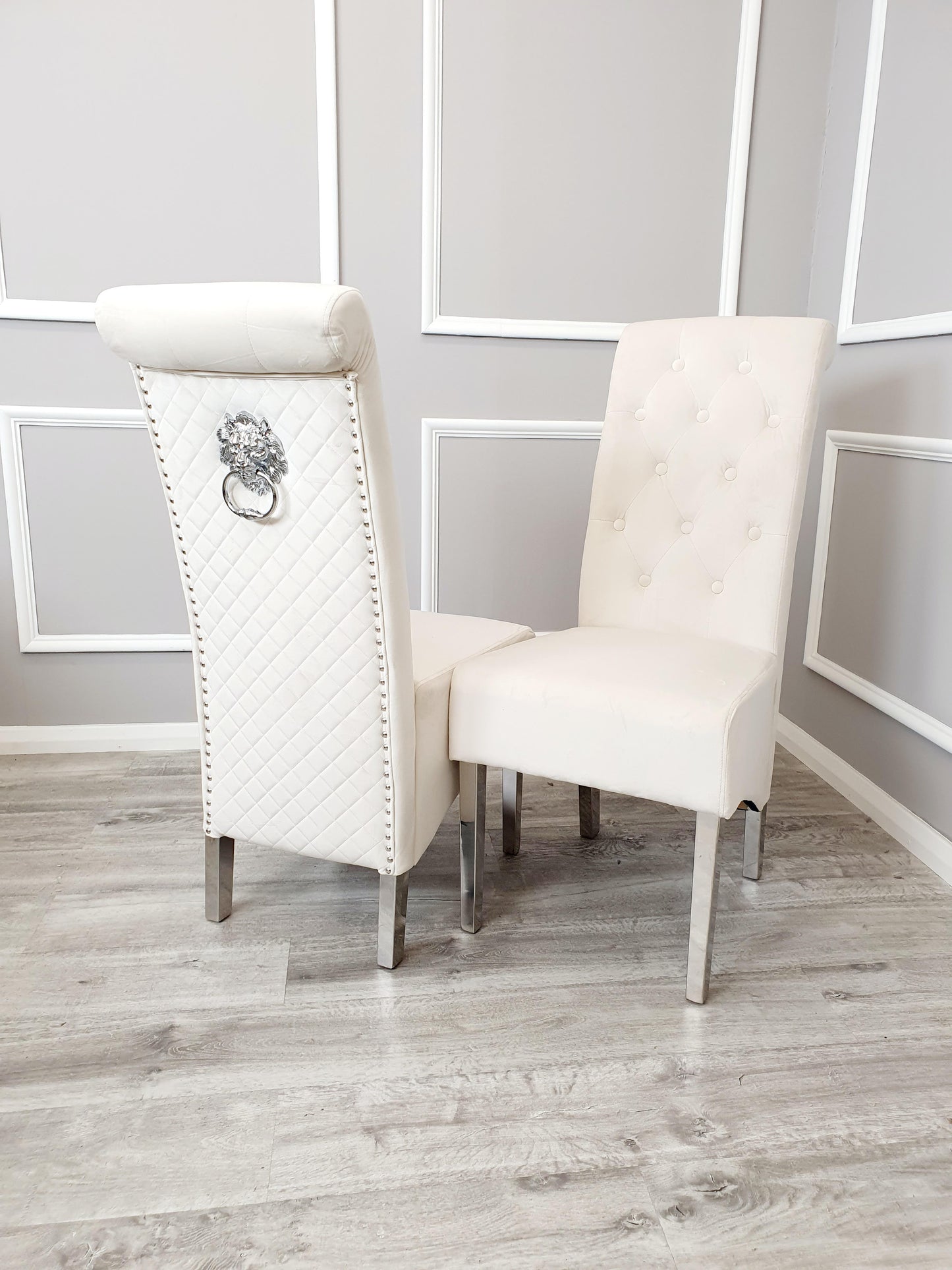 EMMA Dinning Chair – Quilted Back, Scroll Top & Chrome Lion Knocker