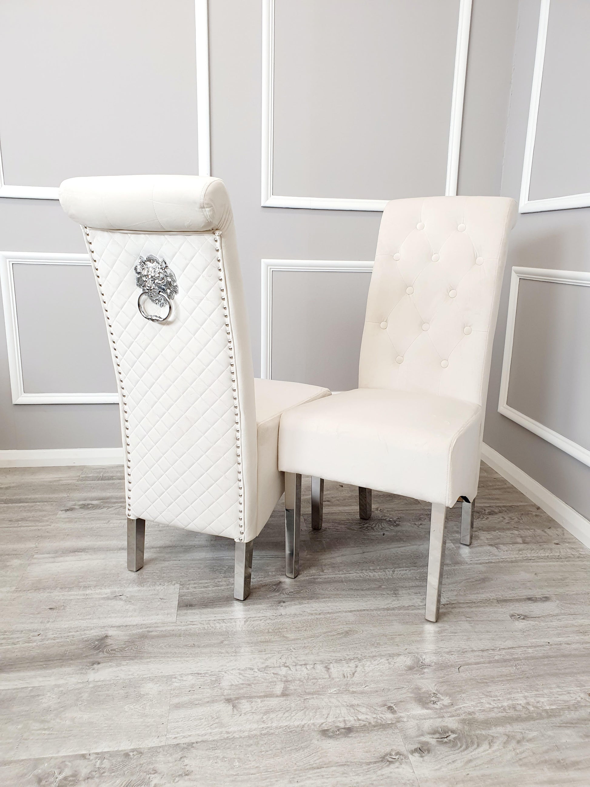EMMA Dinning Chair – Quilted Back, Scroll Top & Chrome Lion Knocker