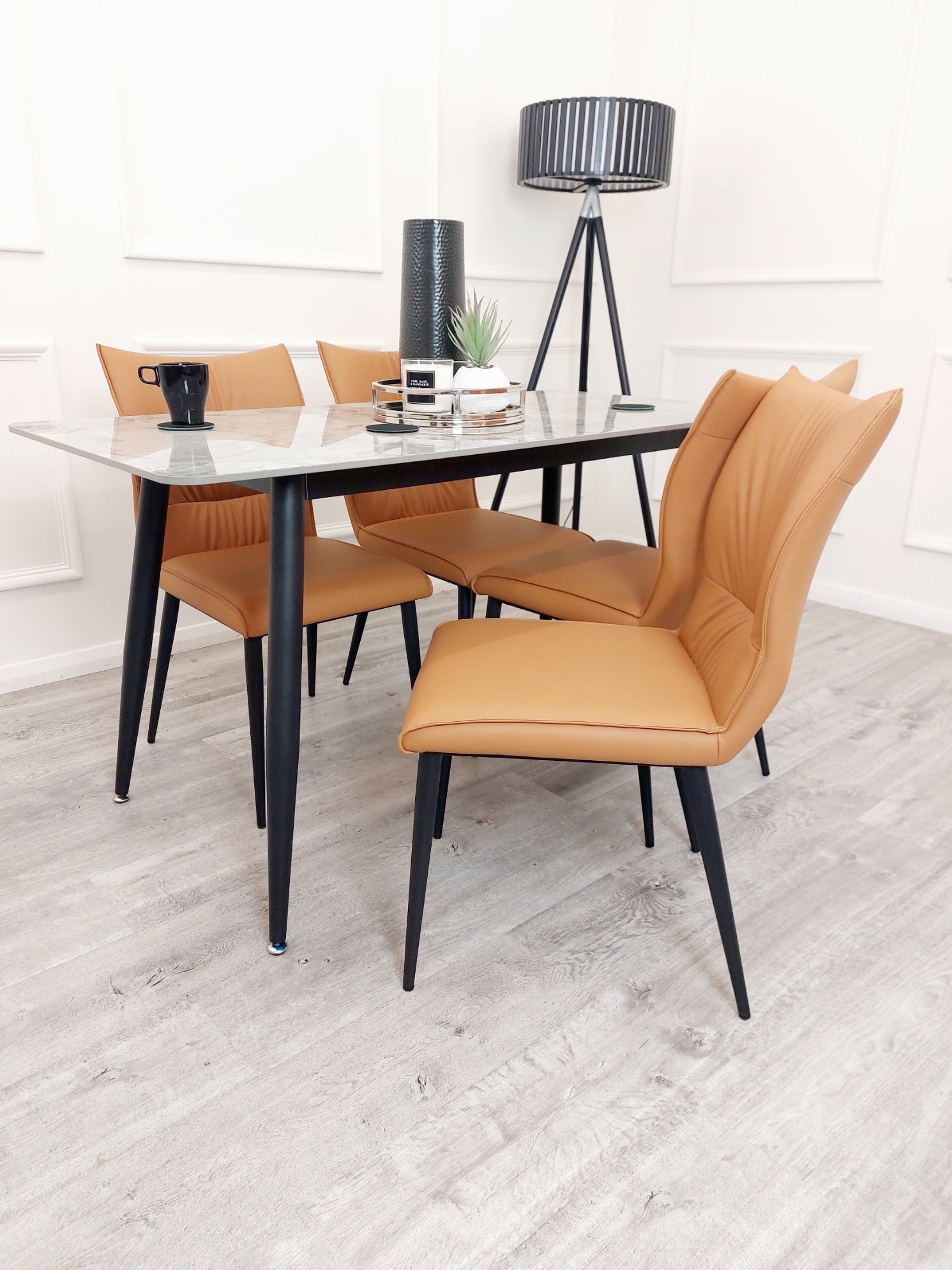 Flora Leather Dining Chair – Ruched Back & Black Scandinavian Legs