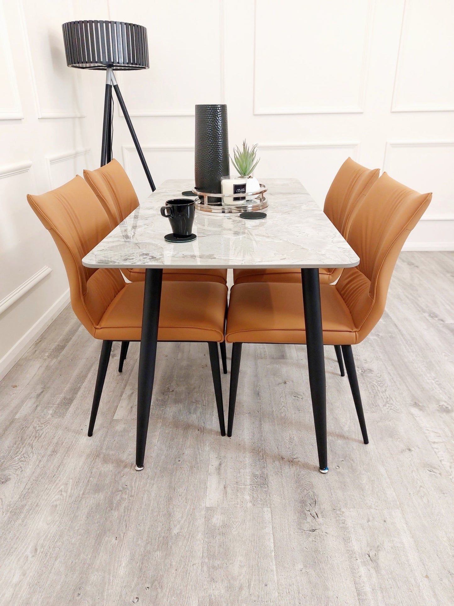 Flora Leather Dining Chair – Ruched Back & Black Scandinavian Legs