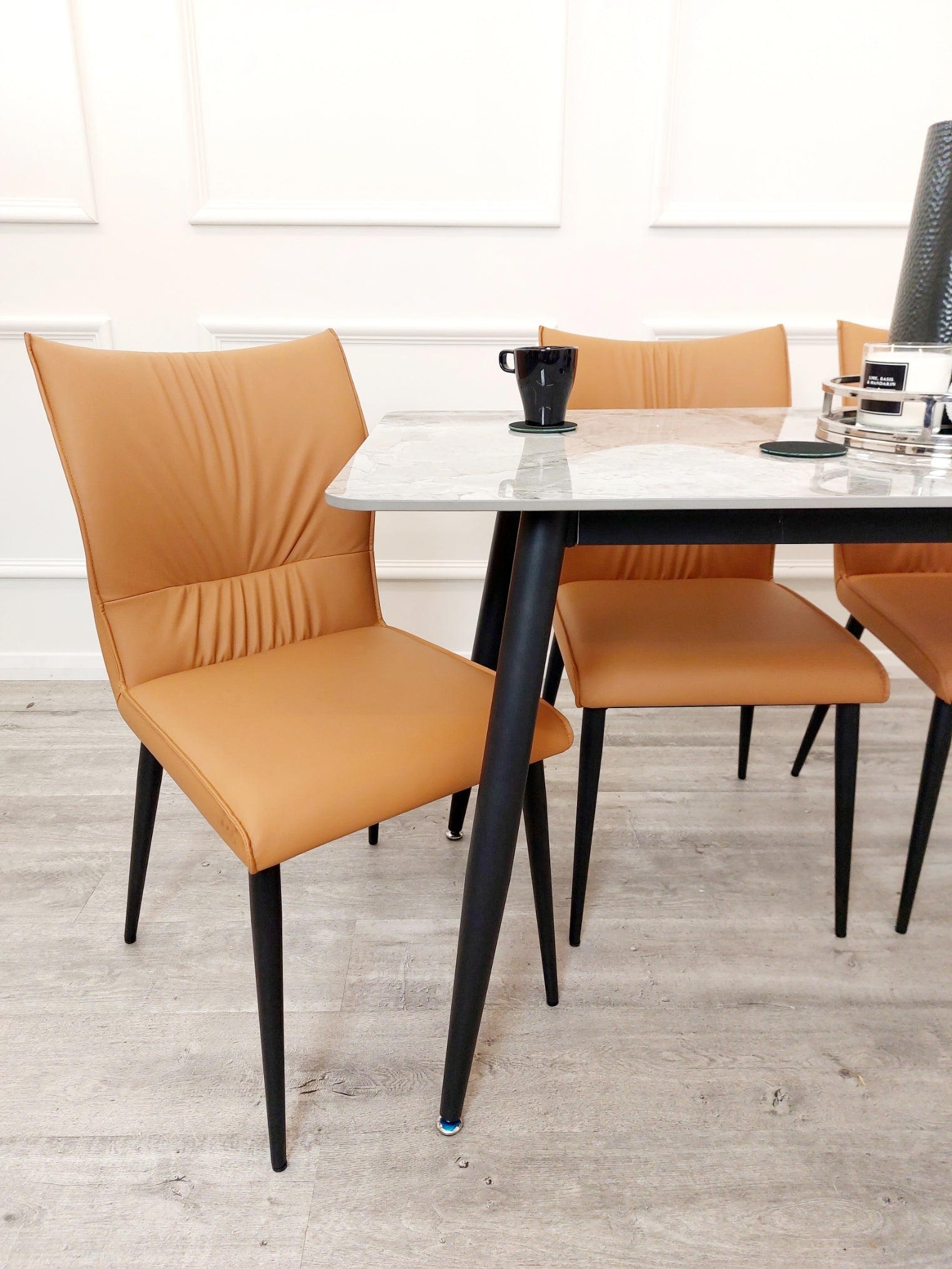 Flora Leather Dining Chair – Ruched Back & Black Scandinavian Legs