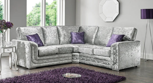 Genuine Crush Velvet Diamond Studs Shimmer Silver Fabric L Shape Corner Sofas
