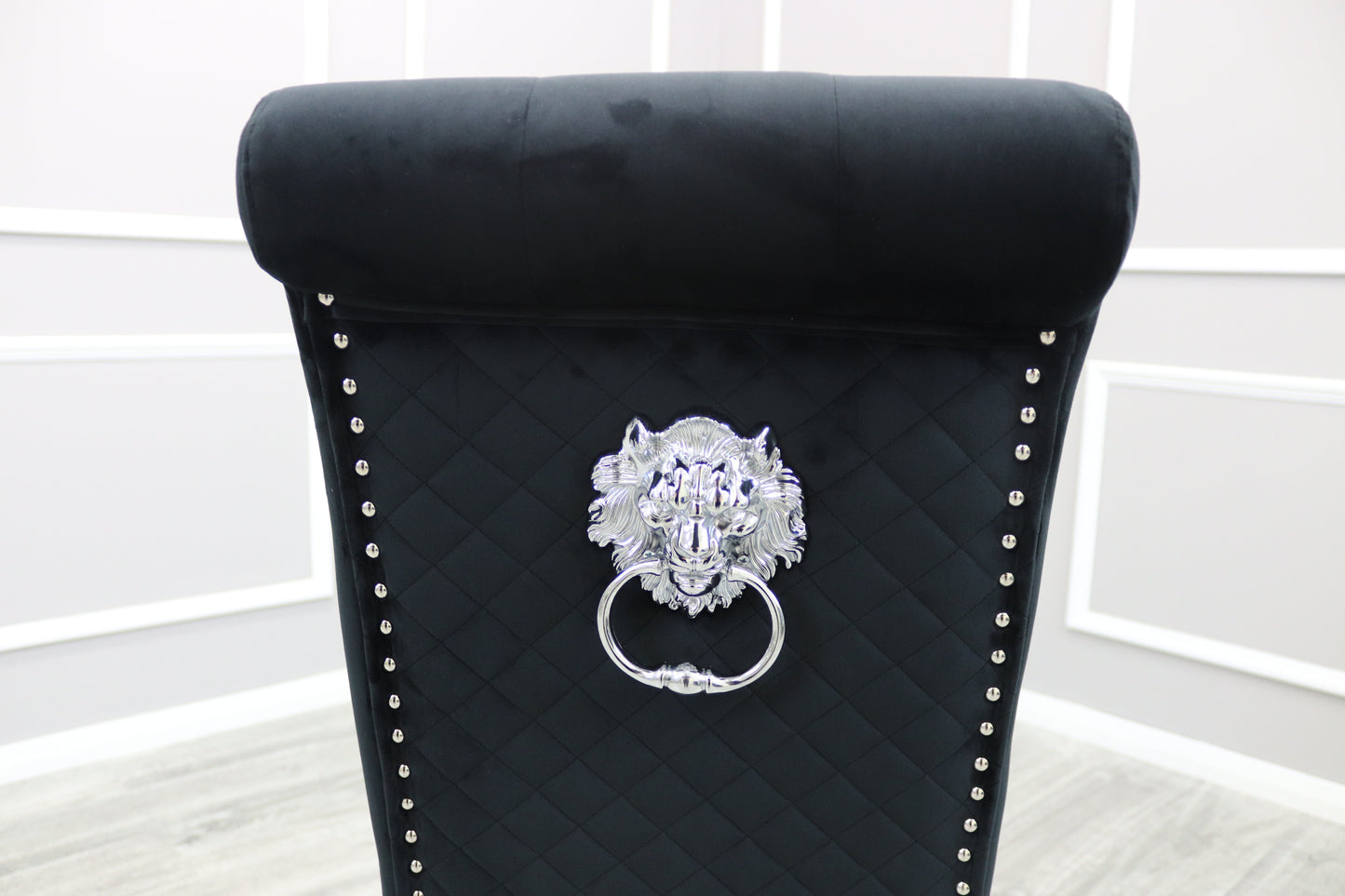EMMA Dinning Chair – Quilted Back, Scroll Top & Chrome Lion Knocker