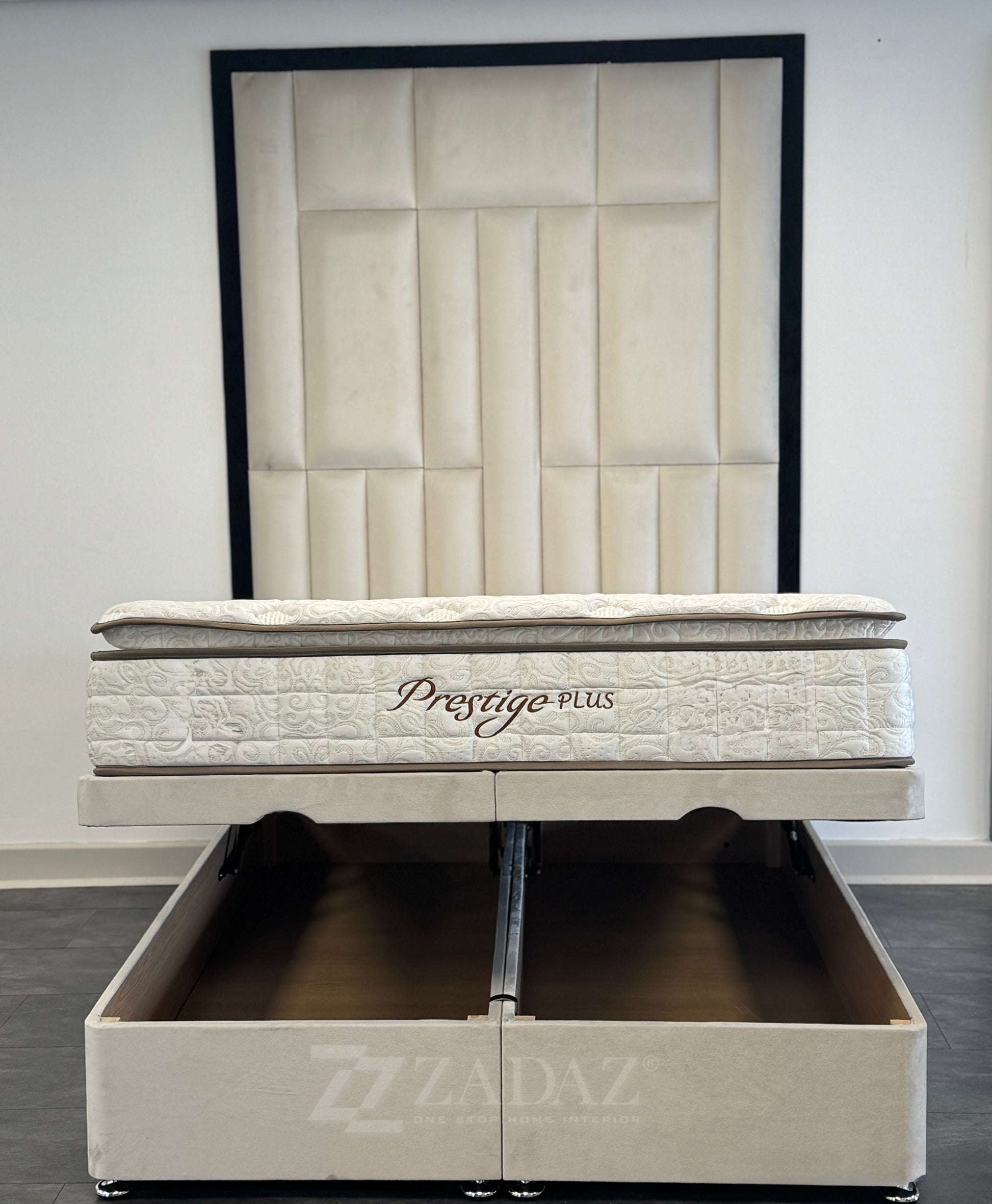 Cream Elegance Bed with Divan Ottoman Storage "Come with 80 Inch High Head Board"