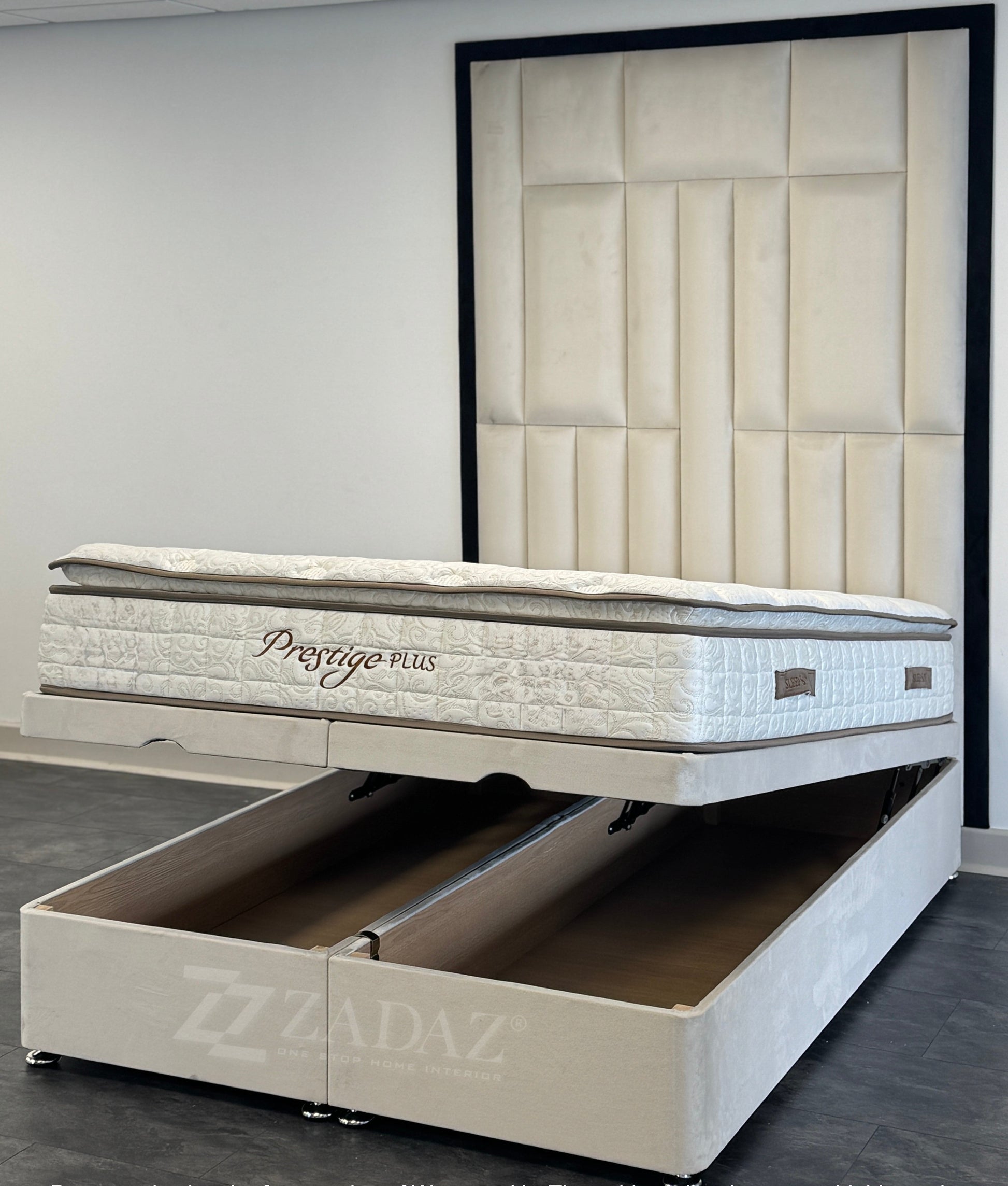 Cream Elegance Bed with Divan Ottoman Storage "Come with 80 Inch High Head Board"