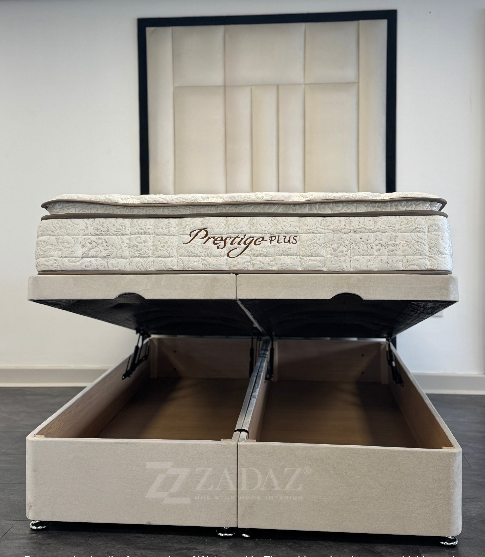 Cream Elegance Bed with Divan Ottoman Storage "Come with 80 Inch High Head Board"