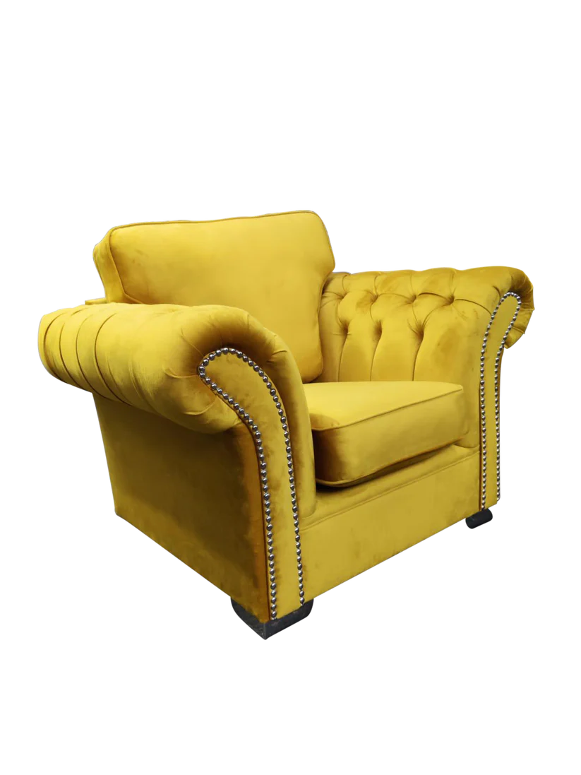 Manhattan Blue Fabric Sofas Chesterfield Style Arms With Chrome Feet
