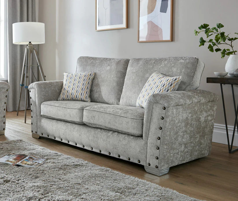 Nebraska Bespoke Grey Fabric Studded With Chrome Feet Sofa For Elderly