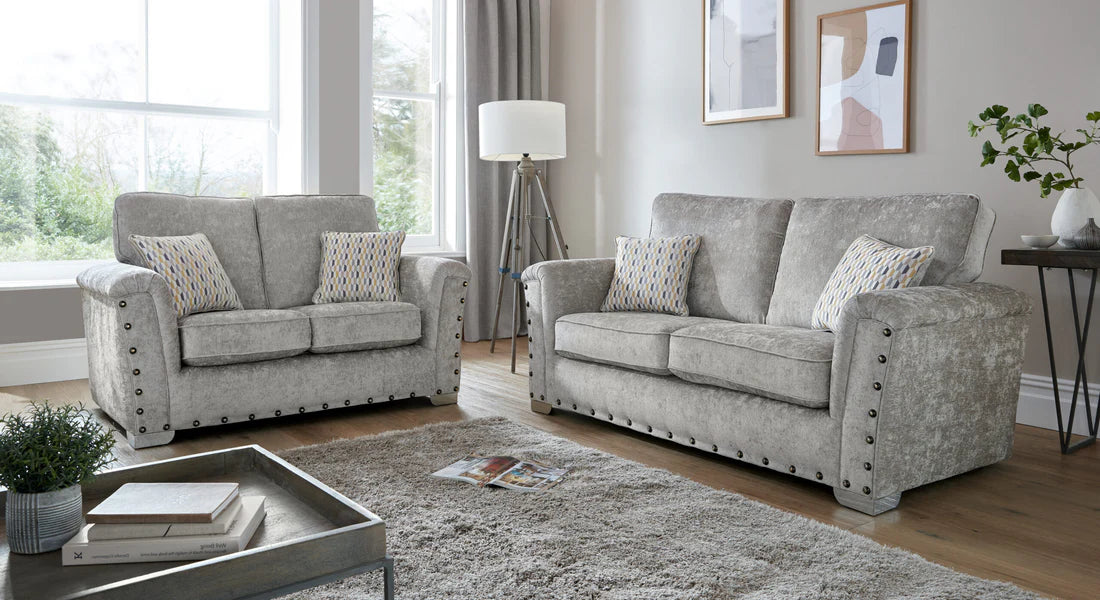 Nebraska Bespoke Grey Fabric Studded With Chrome Feet Sofa For Elderly