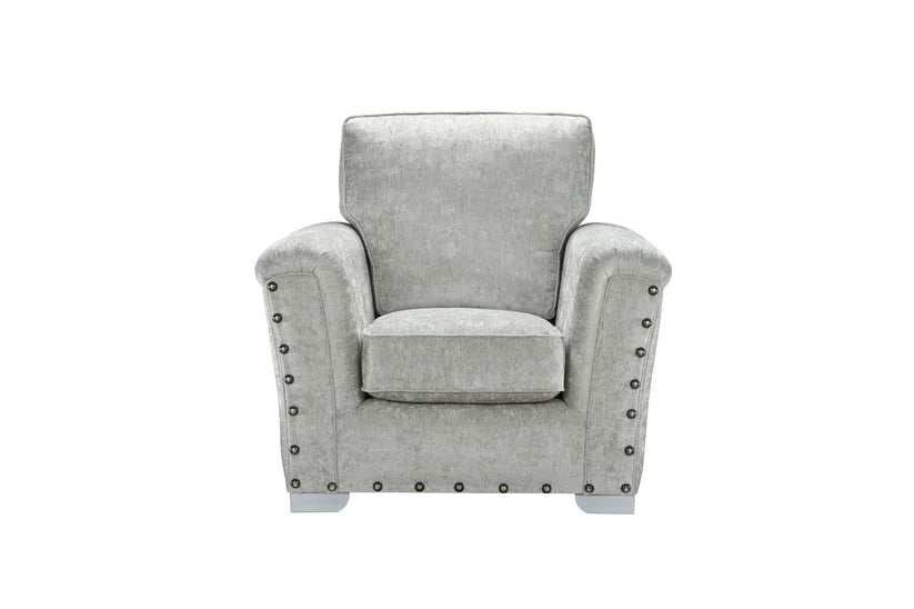 Nebraska Bespoke Grey Fabric Studded With Chrome Feet Sofa For Elderly
