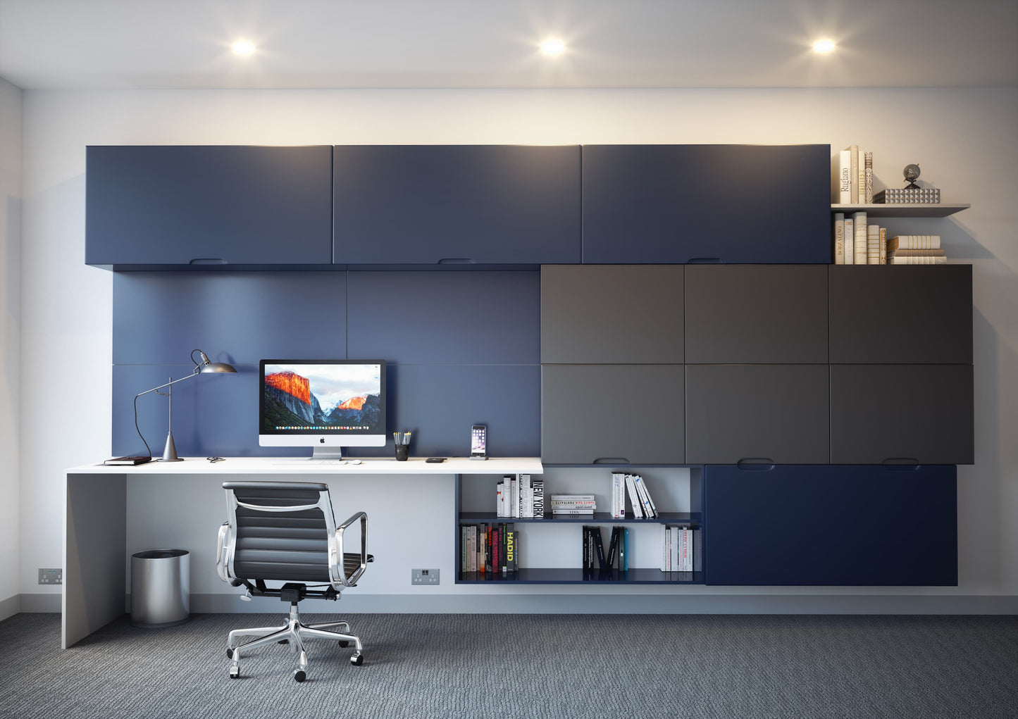 Modern Navy Home Office Wall with Sleek Storage