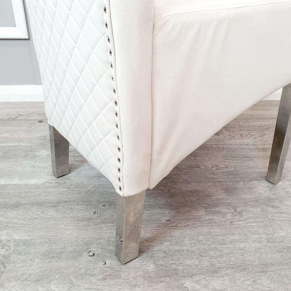 EMMA Dinning Chair – Quilted Back, Scroll Top & Chrome Lion Knocker