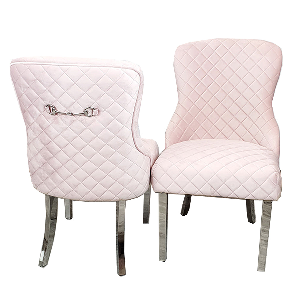 Pink Velvet Kate dining chair chrome clasp & quilted back