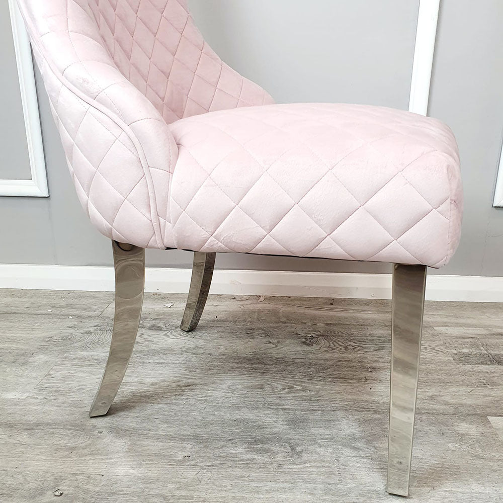 Pink Velvet Kate dining chair chrome clasp & quilted back